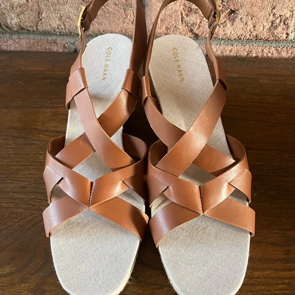 Women's Tan Leather Wedge Sandals - Classic Strappy Espadrille